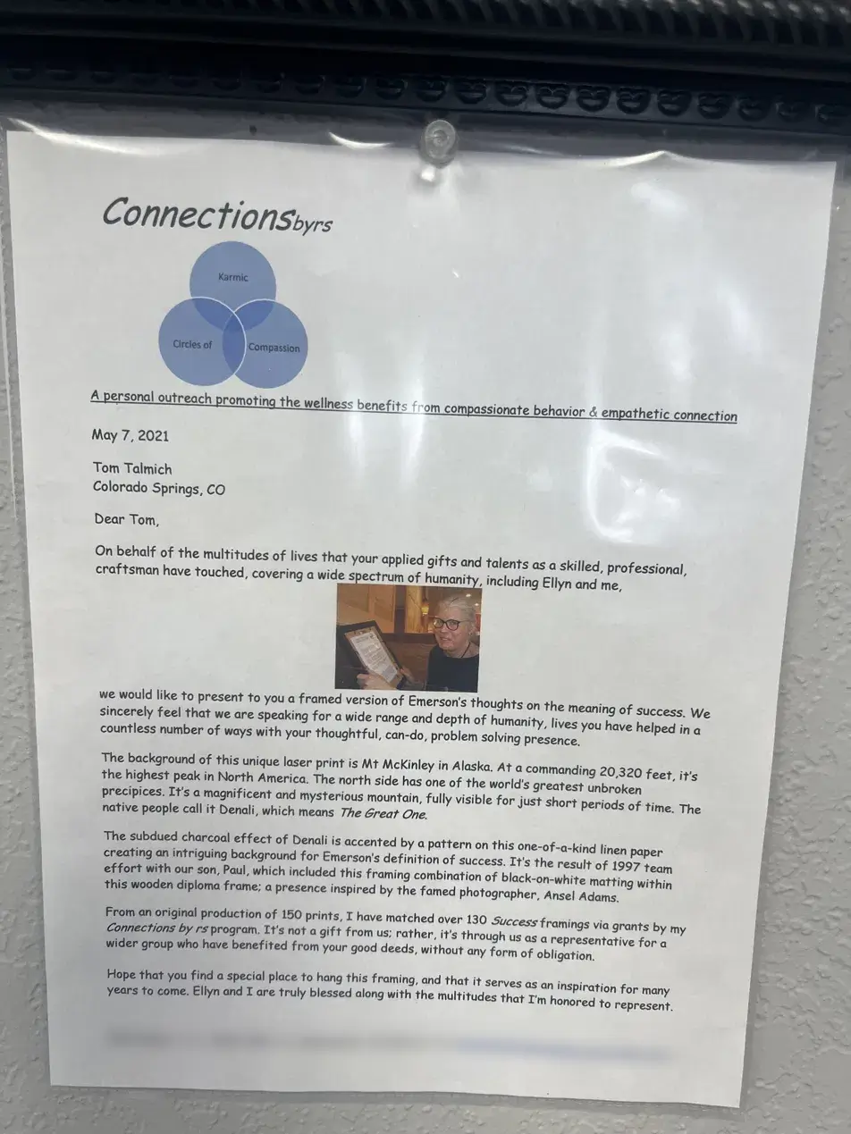 Customer-Appreciation-Letter-Talmich-Plumbing-Heating Appreciation letter to Tom Talmich from longtime customers accompanying the framed Success poem